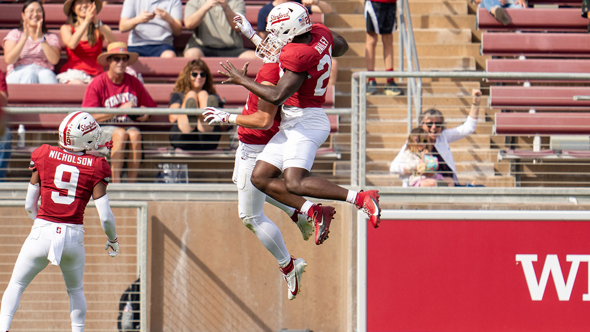 Stanford Cardinal linebacker Tevarua Tafiti (11) and linebacker David Bailey (23) celebrate after a touchdown against the Wake Forest Demon Deacons in the second quarter at Stanford Stadium.