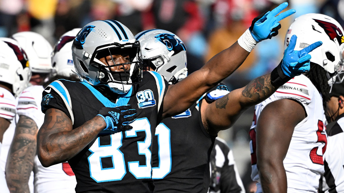 Carolina Panthers wide receiver David Moore (83) signals first down in the first quarter at Bank of America Stadium.