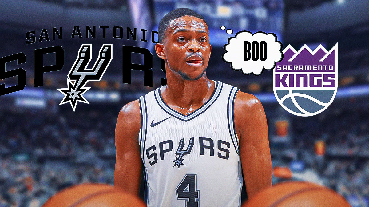 De'Aaron Fox image, Spurs logo bigger than a Kings logo, maybe some word bubbles coming from near the Kings logo that say "Boo" ?