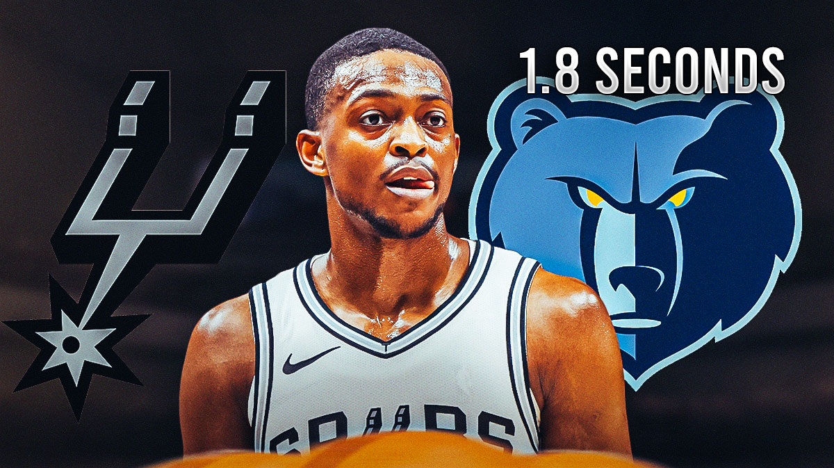 Spurs' De'Aaron Fox with Spurs, Grizzlies logos and 1.8 seconds