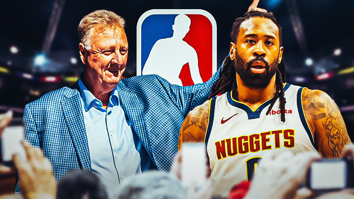 Former Nuggets center DeAndre Jordan (in a Nuggets uniform) next to Hall of Fame forward Larry Bird (in a suit) with the NBA logo in the background