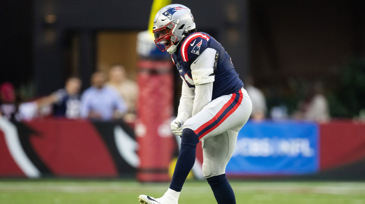 New England Patriots defensive end Deatrich Wise Jr. (91) celebrates a play against the Arizona Cardinals at State Farm Stadium.