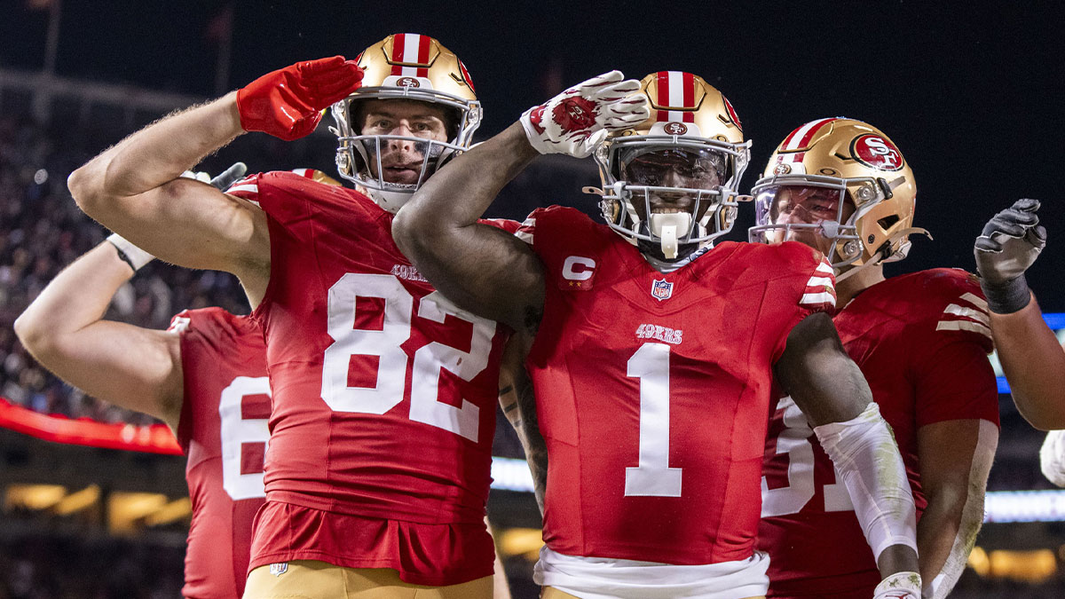 San Francisco 49ers wide receiver Deebo Samuel Sr. (1) celebrates scoring a touchdown against the Detroit Lions during the third quarter at Levi's Stadium. Mandatory Credit: Kyle Terada-Imagn Images