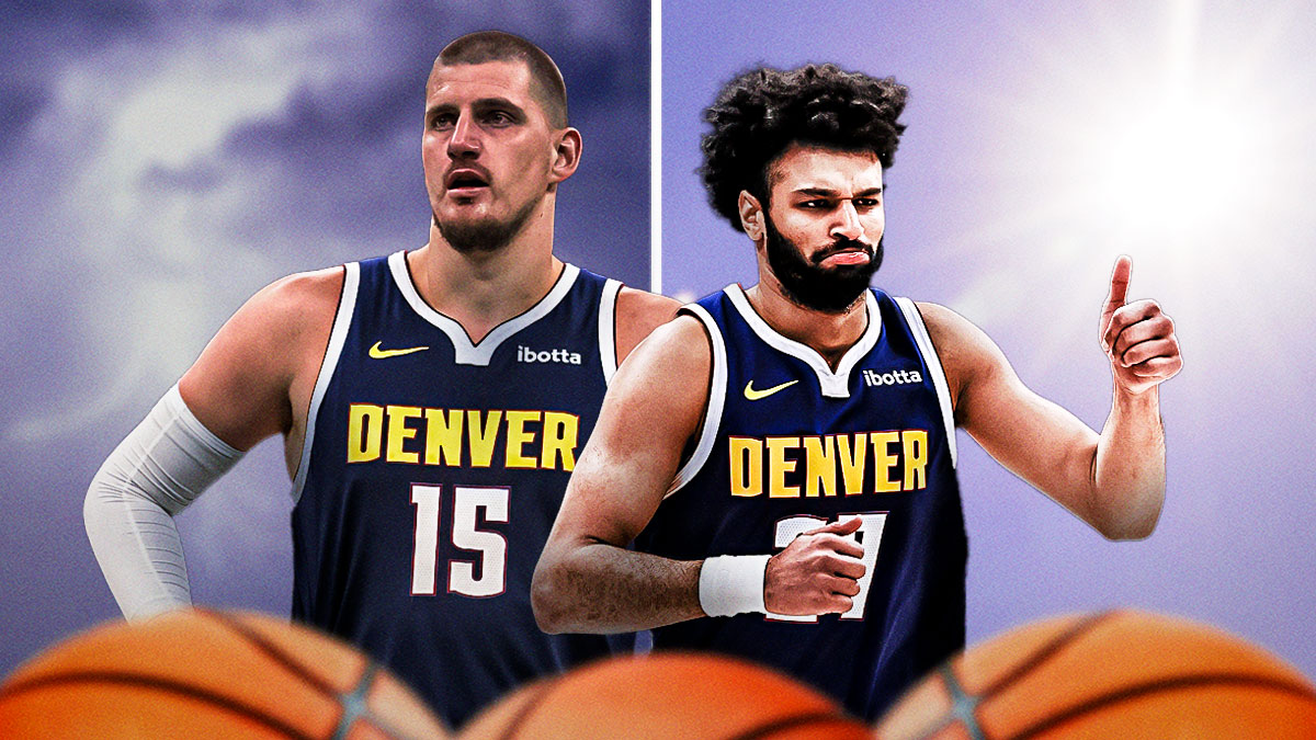 Nuggets Nikola Jokic and Jamal Murray in the middle with a sunny sky behind them on one side and a stormy sky behind them on the other