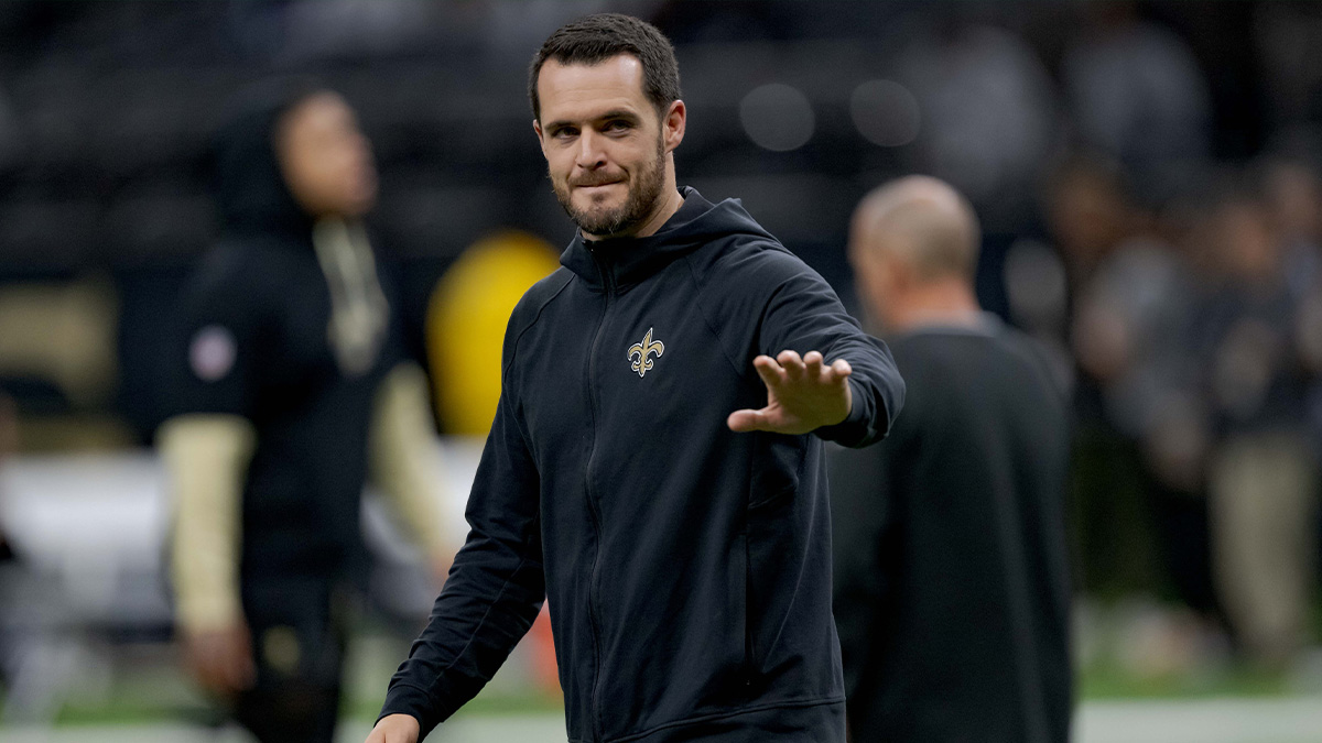 New Orleans Saints quarterback Derek Carr (4) walks the field before a game against the Las Vegas Raiders at Caesars Superdome.