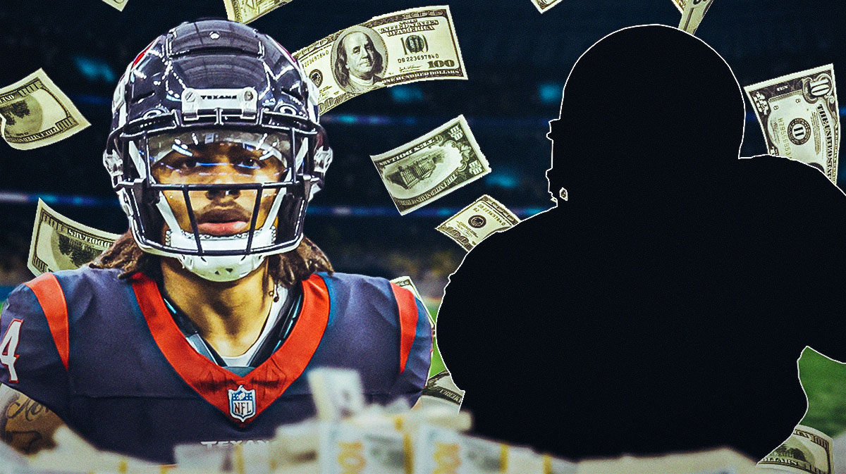 Texans CB Derek Stingley Jr. with money flying all around. Derwin James as a silhouette
