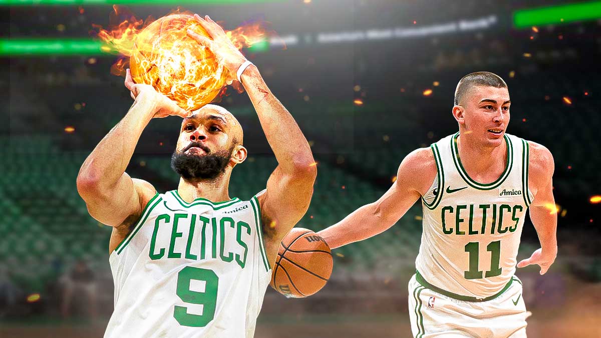 Celtics' Derrick White shooting a fireball, with Payton Pritchard beside him