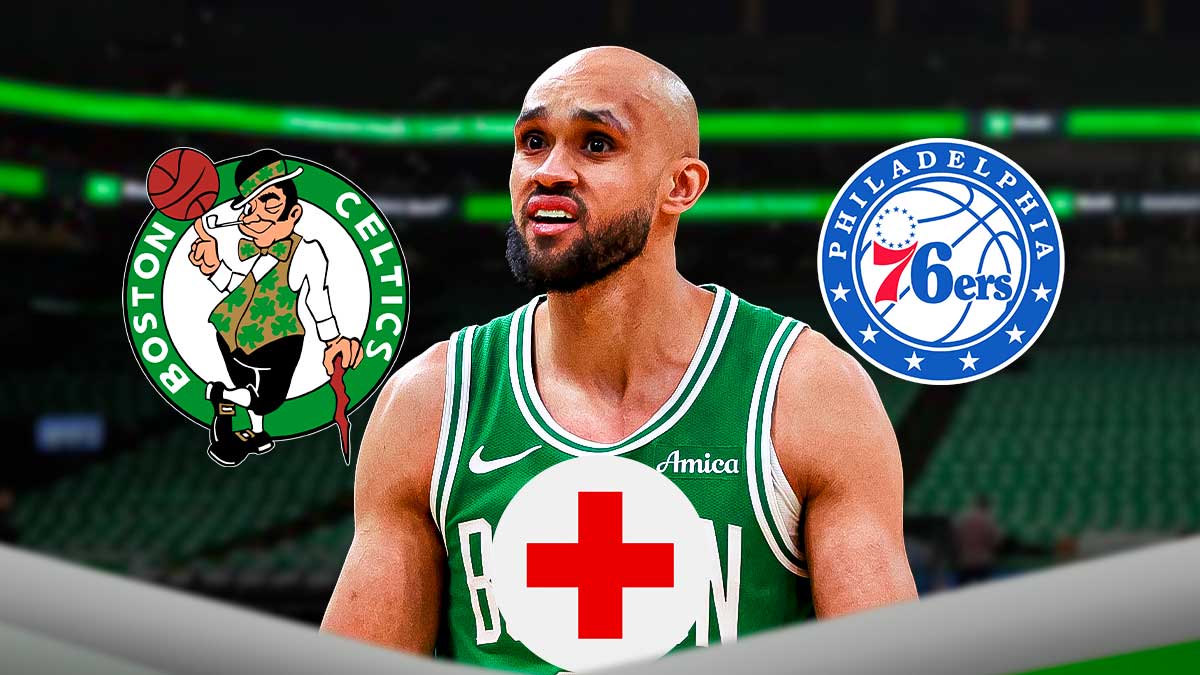Derrick White, Celtics and 76ers logos, injury symbols