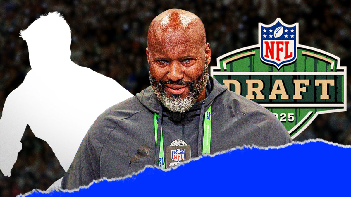 Detroit Lions general manager Brad Holmes with North Dakota State guard Grey Zabel and a silhouette of an American football player with a big question mark emoji inside. There is also a logo for the 2025 NFL Draft.