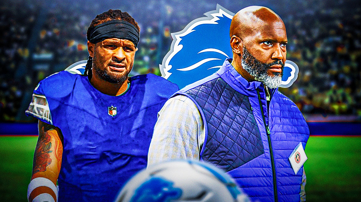 Detroit Lions general manager Brad Holmes next to Avonte Maddox in a Lions jersey. There is also a logo for the Detroit Lions.