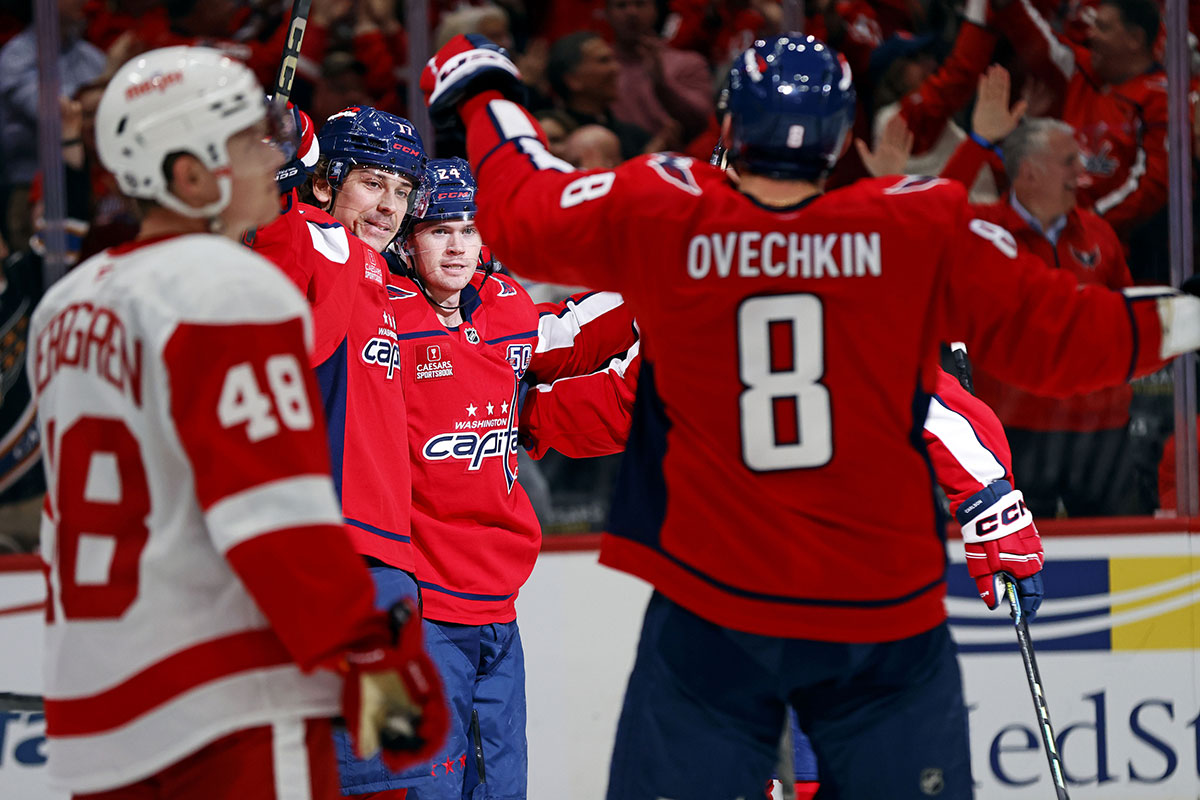 Washington Capitals center Connor McMichael (24) celebrates after scoring a goal during the third period against the Detroit Red Wings at Capital One Arena.