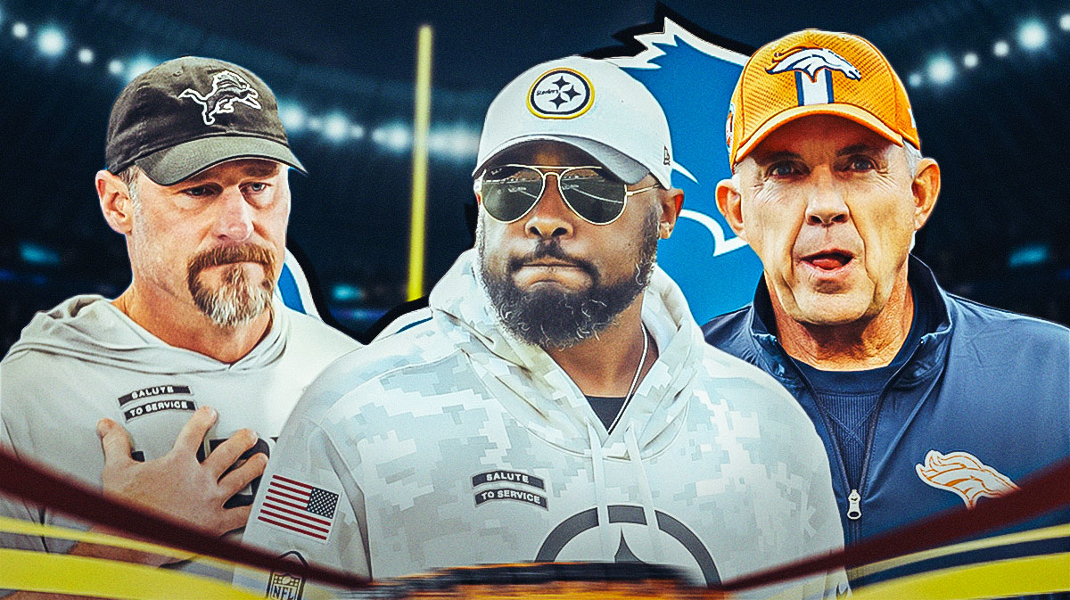 Lions head coach Dan Campbell with Steelers head coach Mike Tomlin and Broncos head coach Sean Payton. There is also a logo for the Detroit Lions.