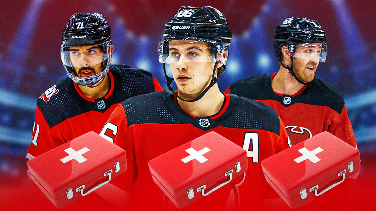 Jack Hughes, Dougie Hamilton and Jonas Siegenthaler all in image looking stern, first aid kit somewhere, hockey rink in background