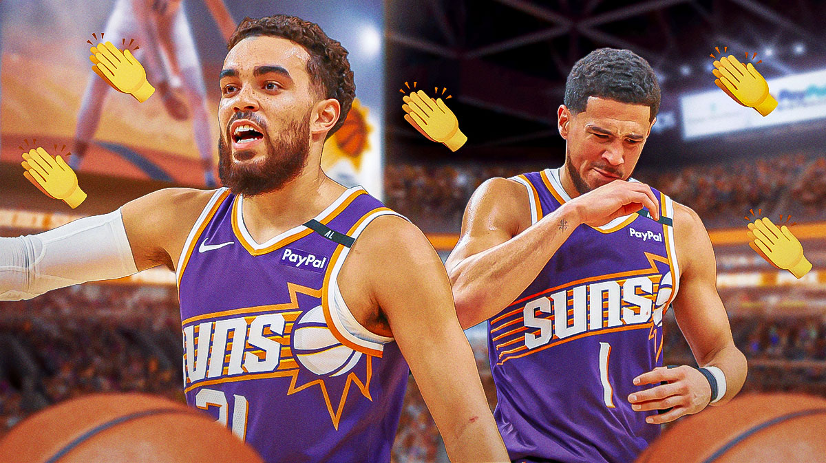 Tyus Jones with the hand clapping emoji around him, and Suns guard Devin Booker standing next to him.