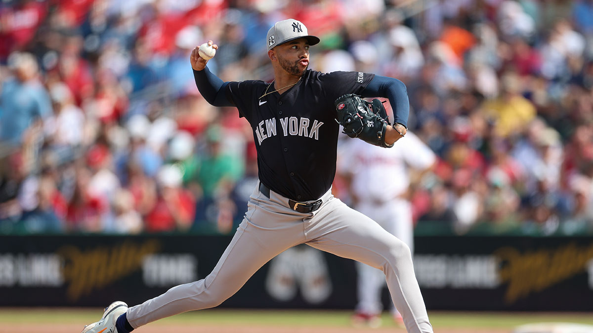 New York Yankees pitcher Devin Williams (38) throws a pitch against the Philadelphia Phillies in the fourth inning during spring training at BayCare Ballpark. 