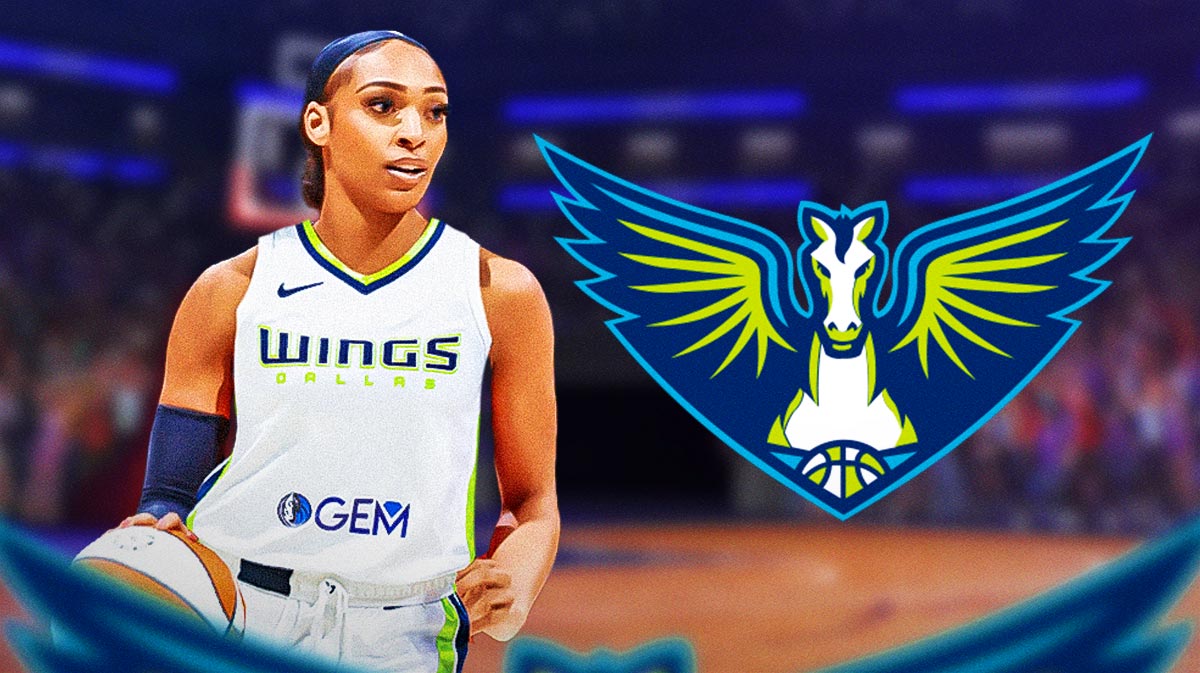 DiJonai Carrington in a Dallas Wings jersey on left, Dallas Wings 2025 logo on right.