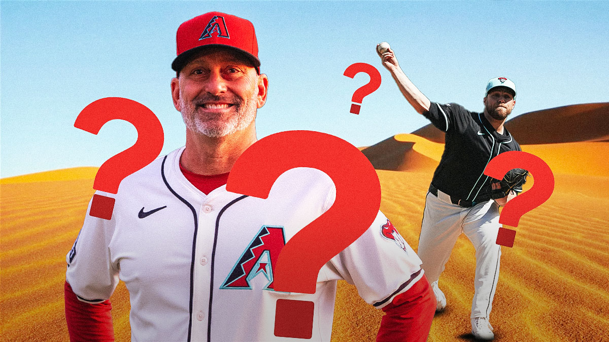 Torey Lovullo standing next to Corbin Burnes. Burnes is pitching a baseball in the desert. THere are question marks everywhere.