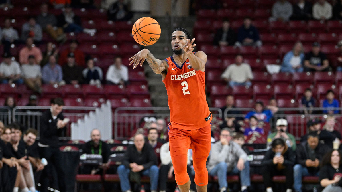Clemson Tigers guard Dillon Hunter (2) passes the ball during the second half against the Boston College Eagles at Conte Forum.
