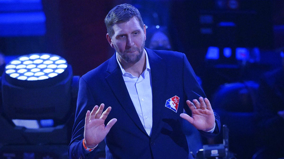 Dirk Nowitzki is honored during halftime in the 2022 NBA All-Star Game at Rocket Mortgage FieldHouse.