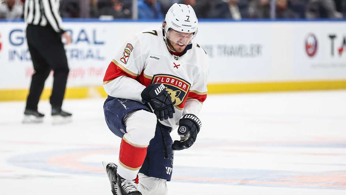 Florida Panthers defenseman Dmitry Kulikov (7) gets up off the ice following a collision in the first period against the New York Islanders at UBS Arena.