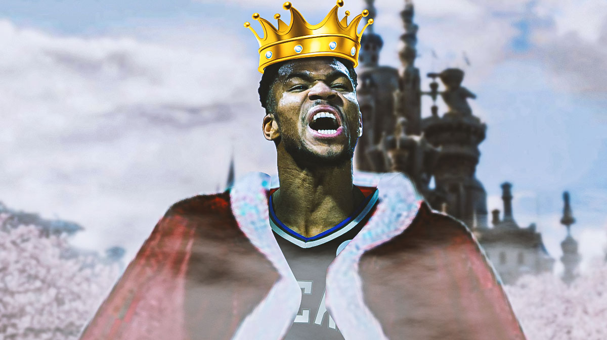 Bucks' Giannis Antetokounmpo wearing a king's crown and robe.