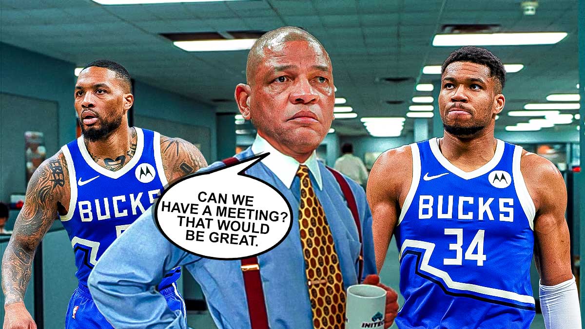 Doc Rivers' head on an Office Space meme and saying "Can we have a meeting? That would be great." Damian Lillard and Giannis Antetokounmpo both looking serious.