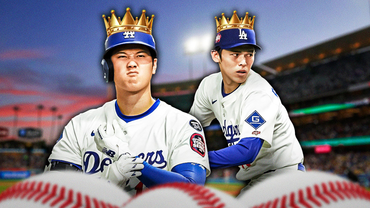 Photo: Shohei Ohtani and Roki Sasaki in action in Dodgers jerseys with crowns on their heads