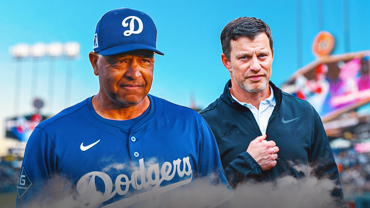 Dave Roberts and Andrew Friedman in front of the Dodgers stadium.