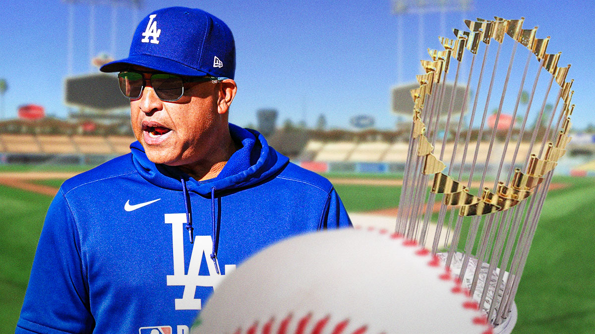 Dodgers Dave Roberts on left, MLB World Series Trophy on right. Dodger Stadium background.