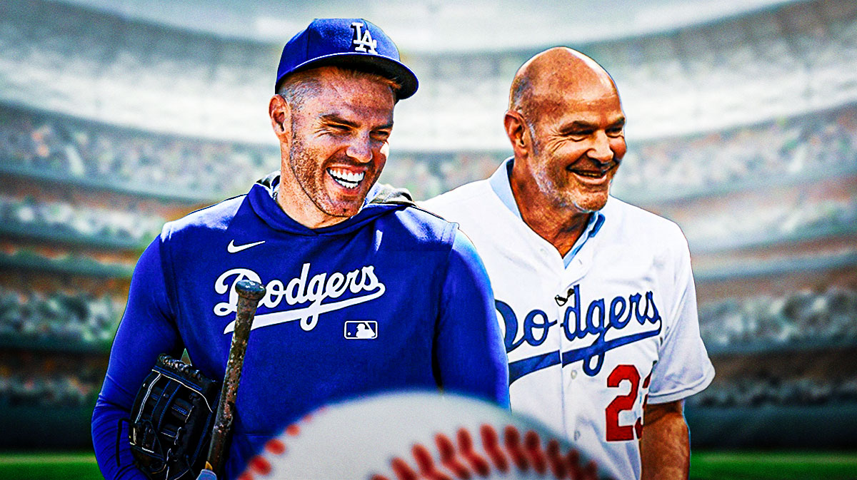 Kirk Gibson with Dodgers on left. Freddie Freeman with Dodgers on right