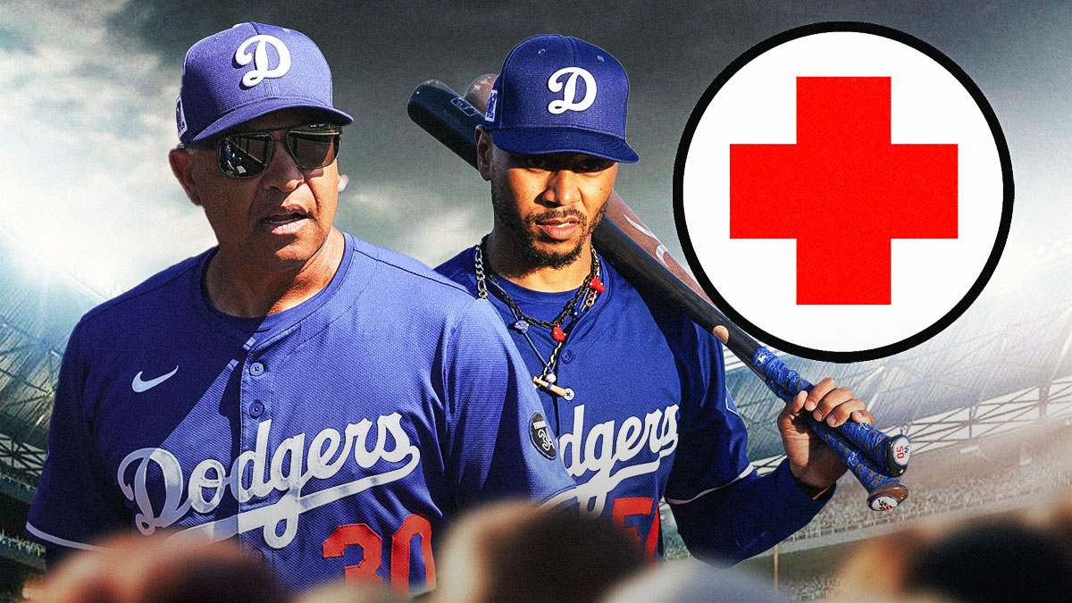Los Angeles Dodgers manager Dave Roberts and Mookie Betts in a Dodgers uniform with red and what first aid symbol as the dodgers star will return for last spring training game.