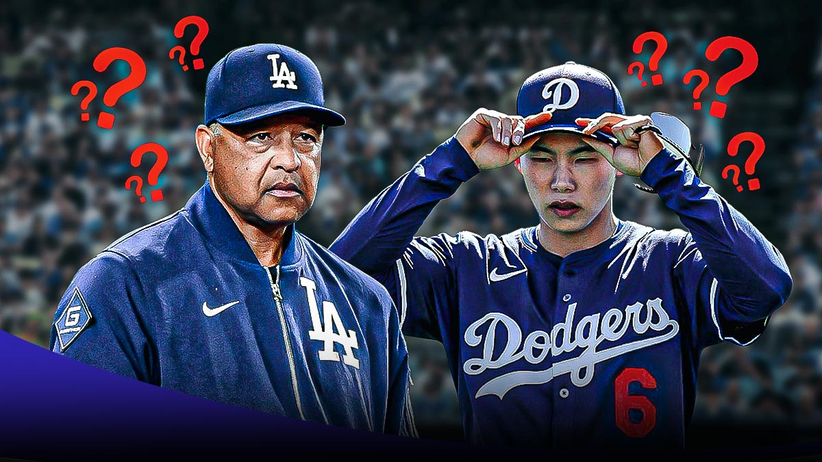 Dave Roberts and Hyeseong Kim in Dodgers uniforms, with question marks in the background