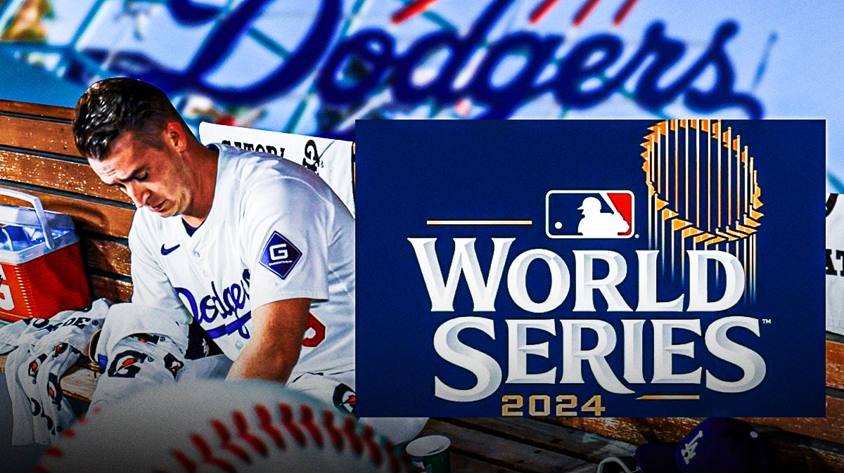 Evan Phillips (Dodgers) sitting by himself, Dodger Stadium and 2024 World Series logo behind him