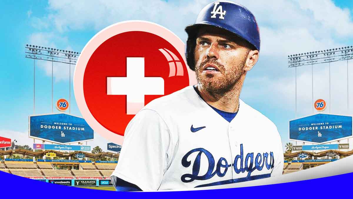Freddie Freeman looking serious with a medical cross next to him