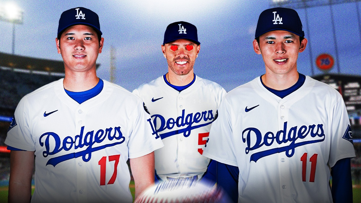 Freddie Freeman in a Los Angeles Dodgers uniform with hearts in his eyes looking at Shohei Ohtani and Roki Sasaki in Dodgers uniforms as the dodgers used decoy ohtani to help sign sasaki.