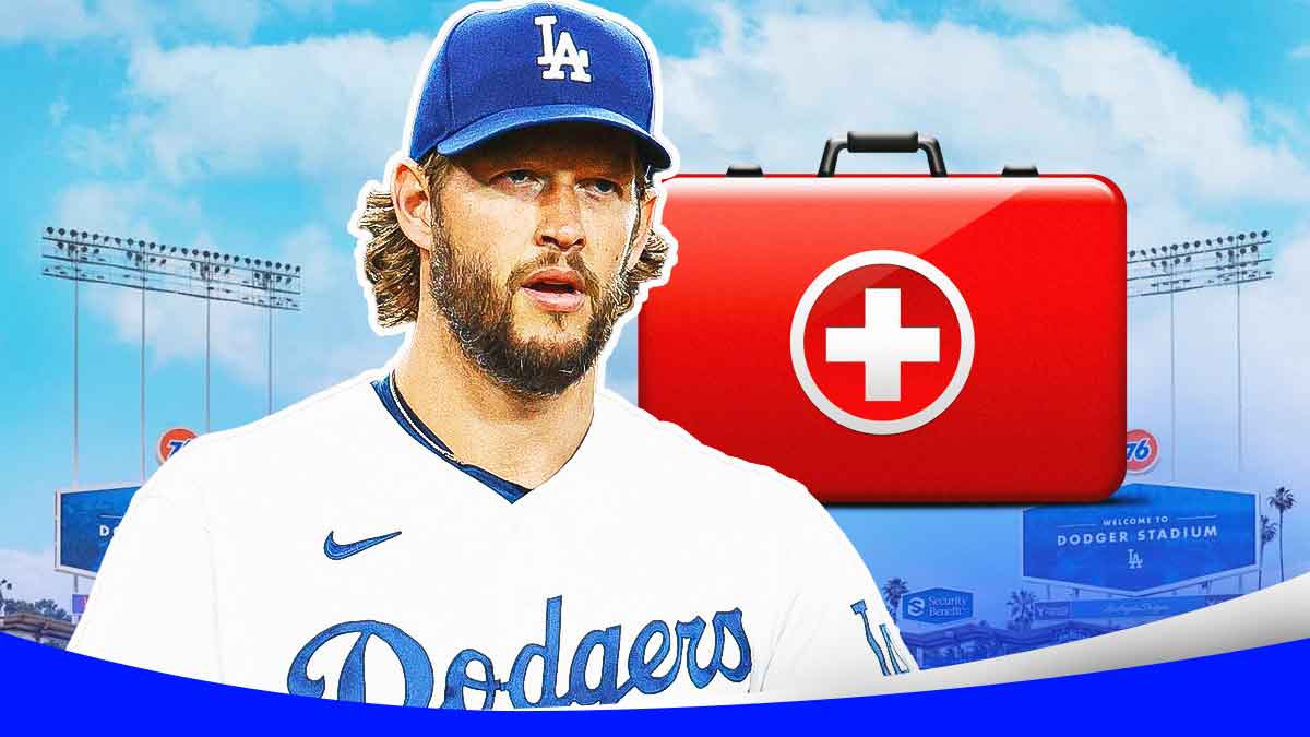 Clayton Kershaw in a Los Angeles Dodgers uniform with a red and white first aid symbol as Kershaw recovers from injury during dodgers spring training.