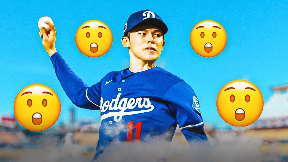 Roki Sasaki in a Los Angeles Dodgers uniform pitching with astonished face emojis as sasaki made his spring training debut with the dodgers.