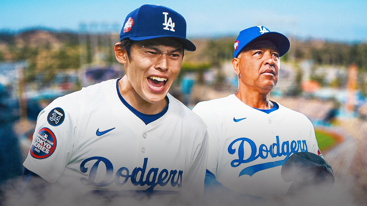Roki Sasaki next to Dave Roberts with the Dodgers stadium behind them.