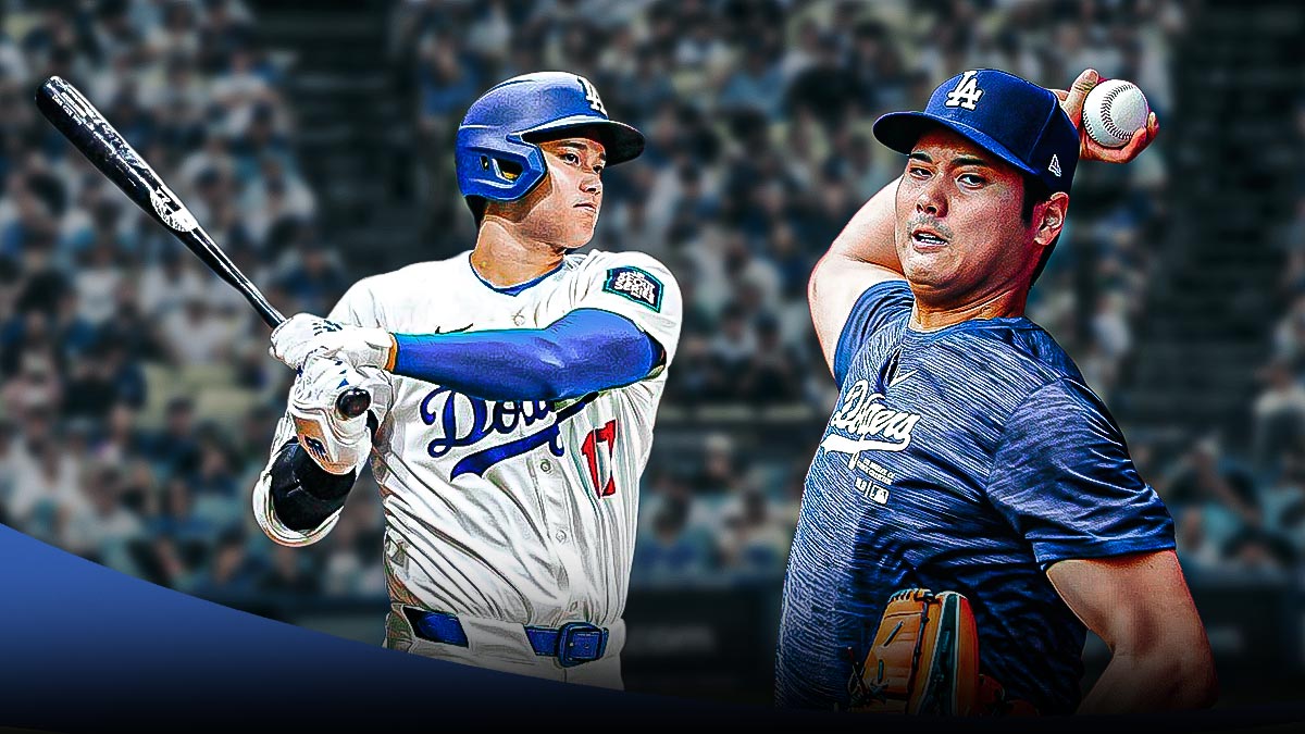 Shohei Ohtani pitching next to Shohei Ohtani batting in front of the Dodgers stadium.