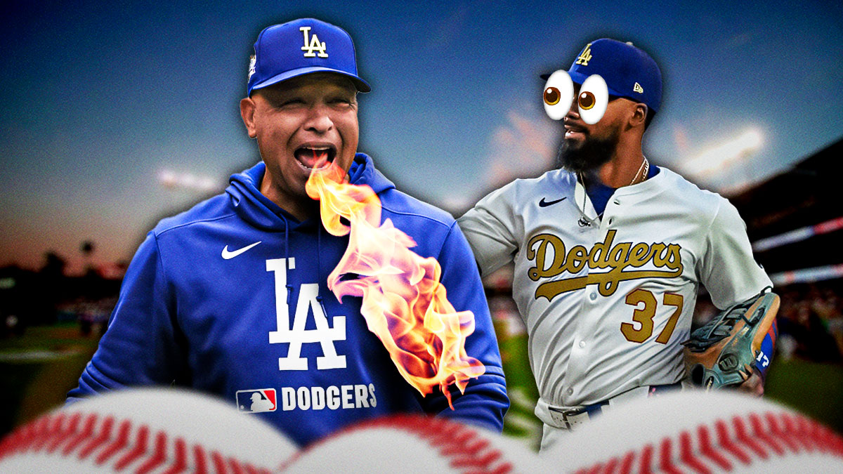 Dave Roberts on one side breathing fire, Teoscar Hernandez on the other side with the big eyes emoji over his face