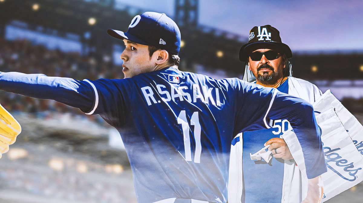 Roki Sasaki pitching, dodgers fans in the background