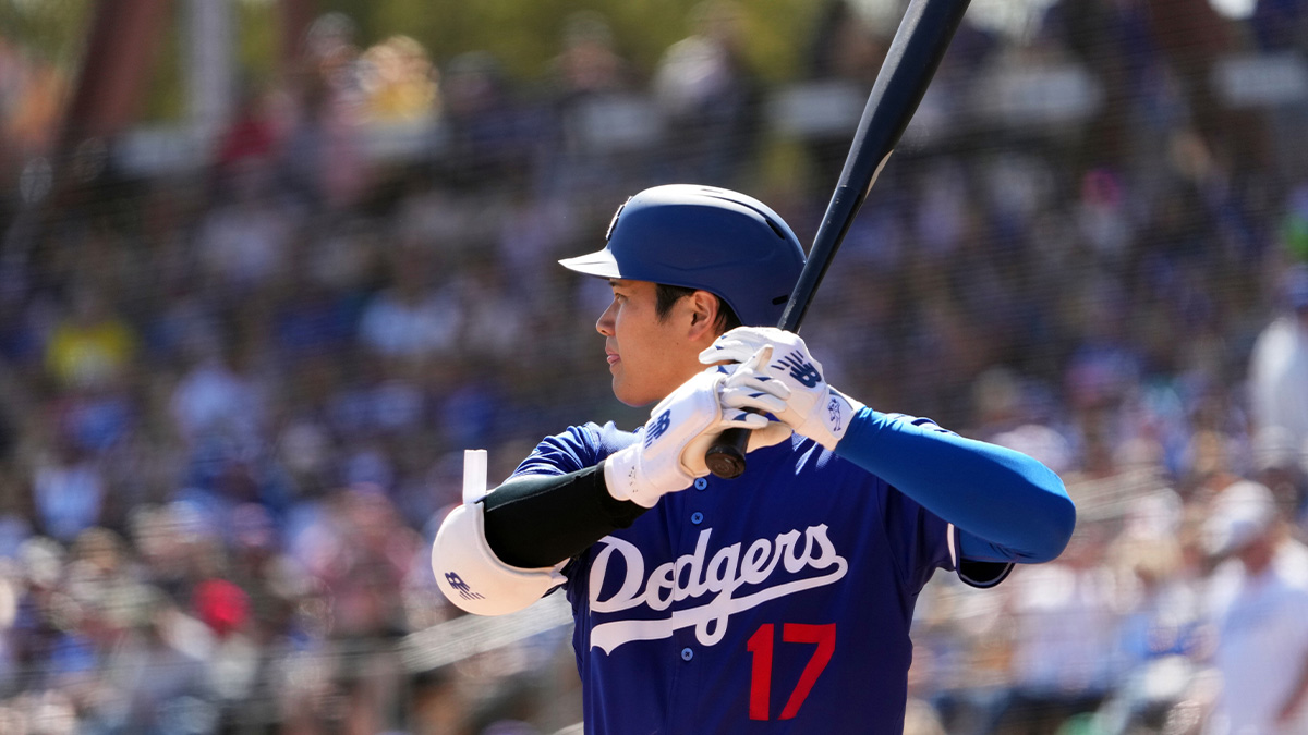 Los Angeles Dodgers two-way player Shohei Ohtani (17) bats against the Texas Rangers during the third inning at Camelback Ranch-Glendale. 