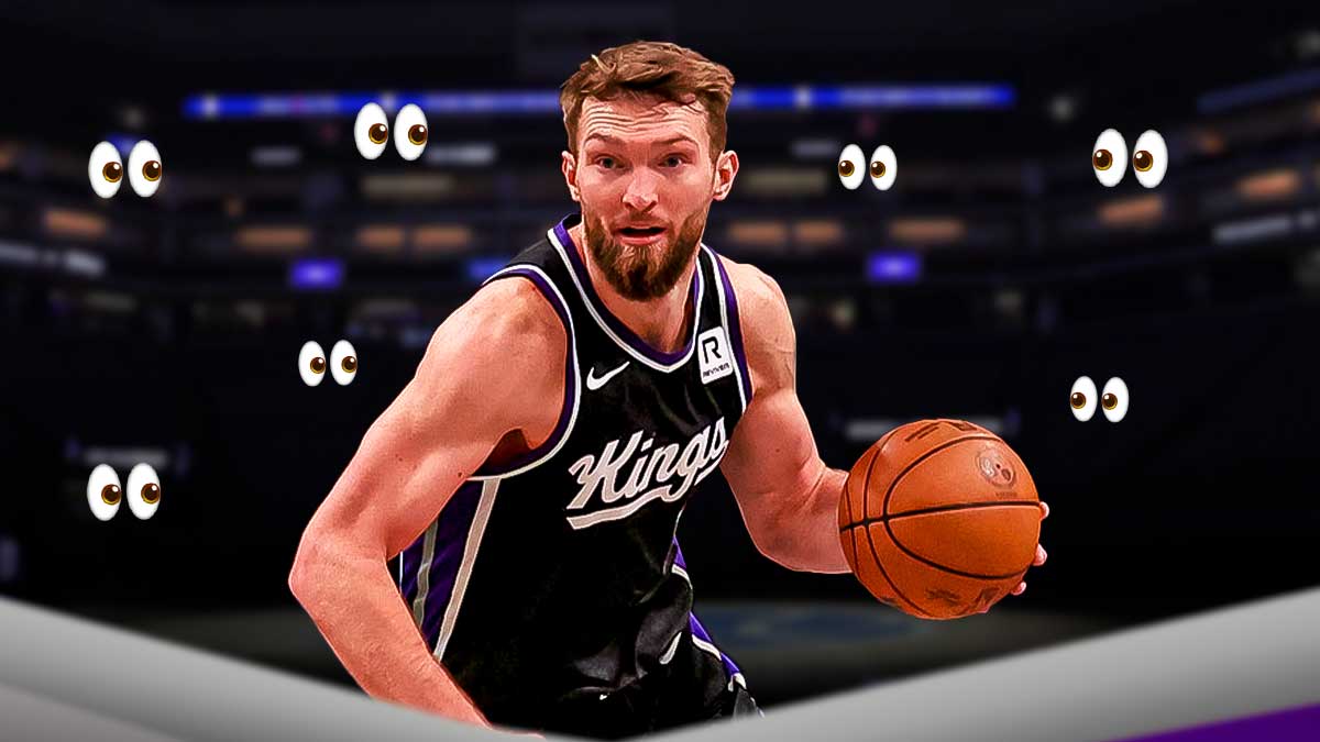 Domantas Sabonis playing basketball and surrounded by googly eye emojis