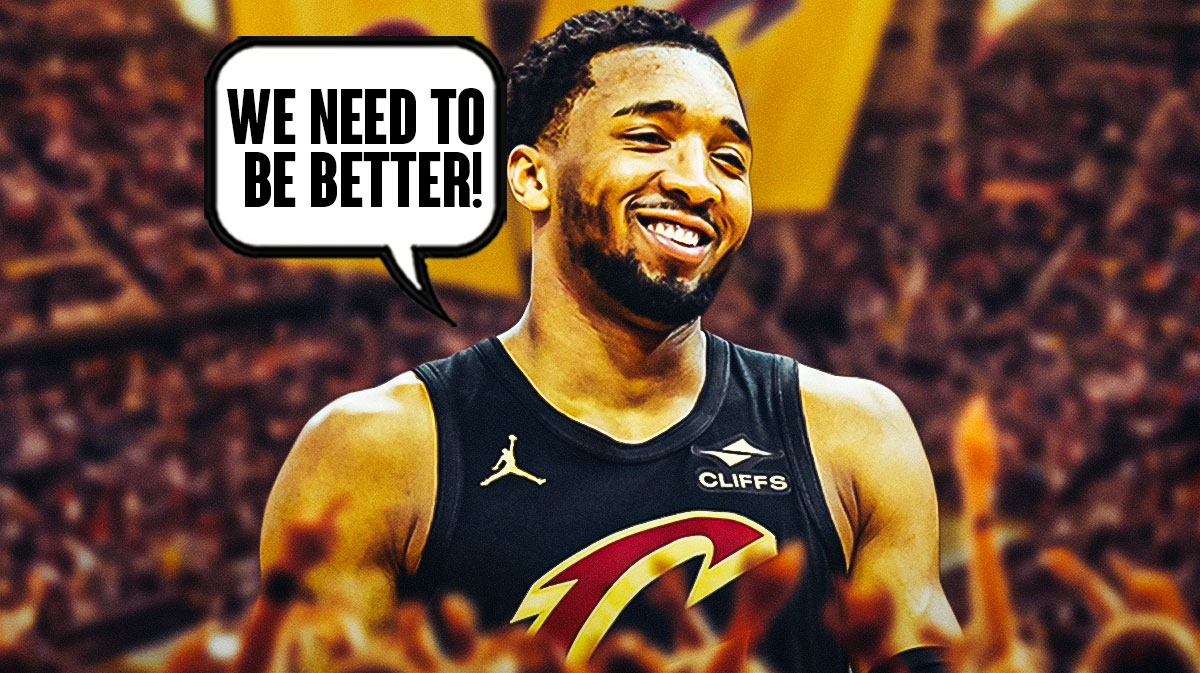 Donovan Mitchell with a speech bubble saying, "We need to be better!" featuring a Cavs themed BG.