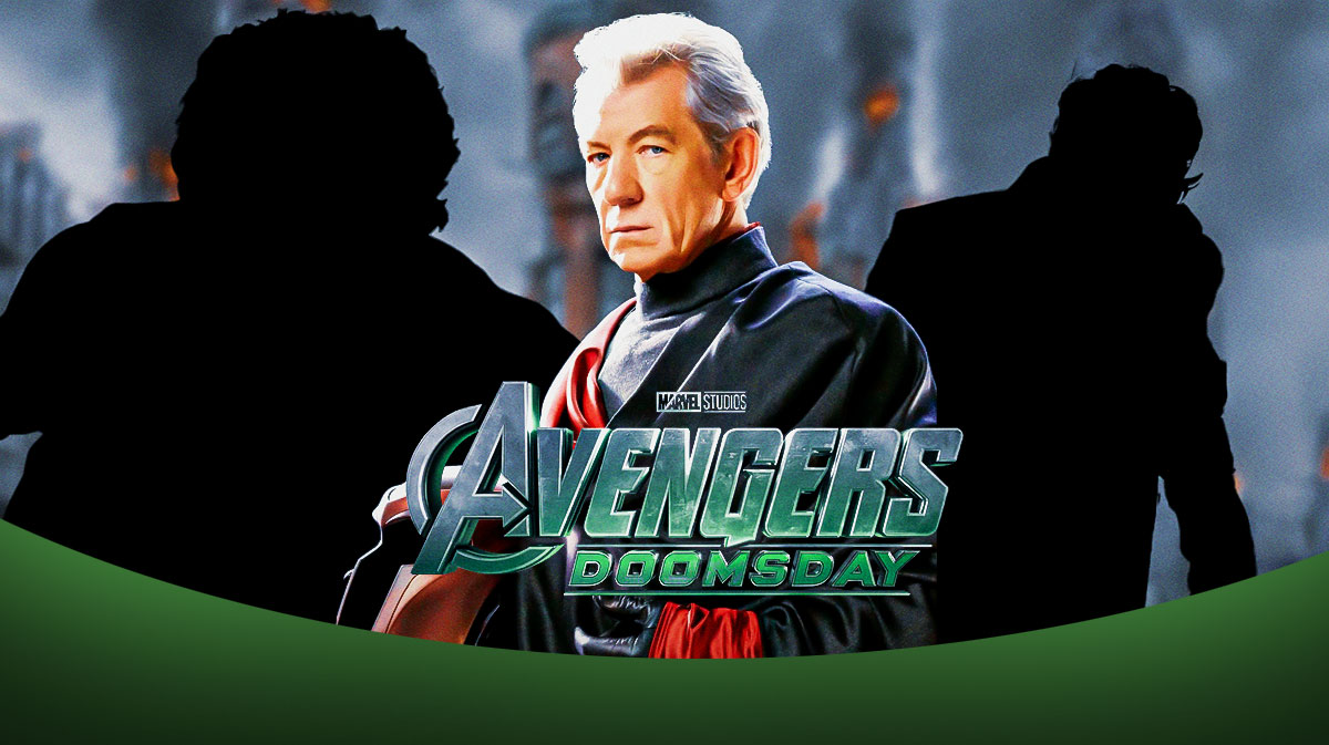 Marvel's Avengers: Doomsday logo with Ian McKellan, who will return in the movie, with silhouettes of X-Men co-stars Kelsey Grammar as Beast from X-Men movies, Alan Cumming as Nightcrawler, who are also in the cast.