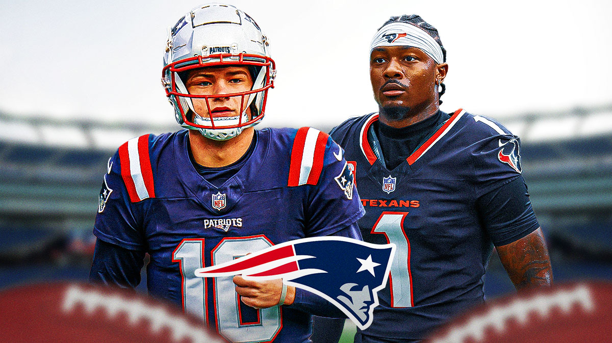 New England Patriots QB Drake Maye with WR Stefon Diggs. There is also a logo for the New England Patriots.