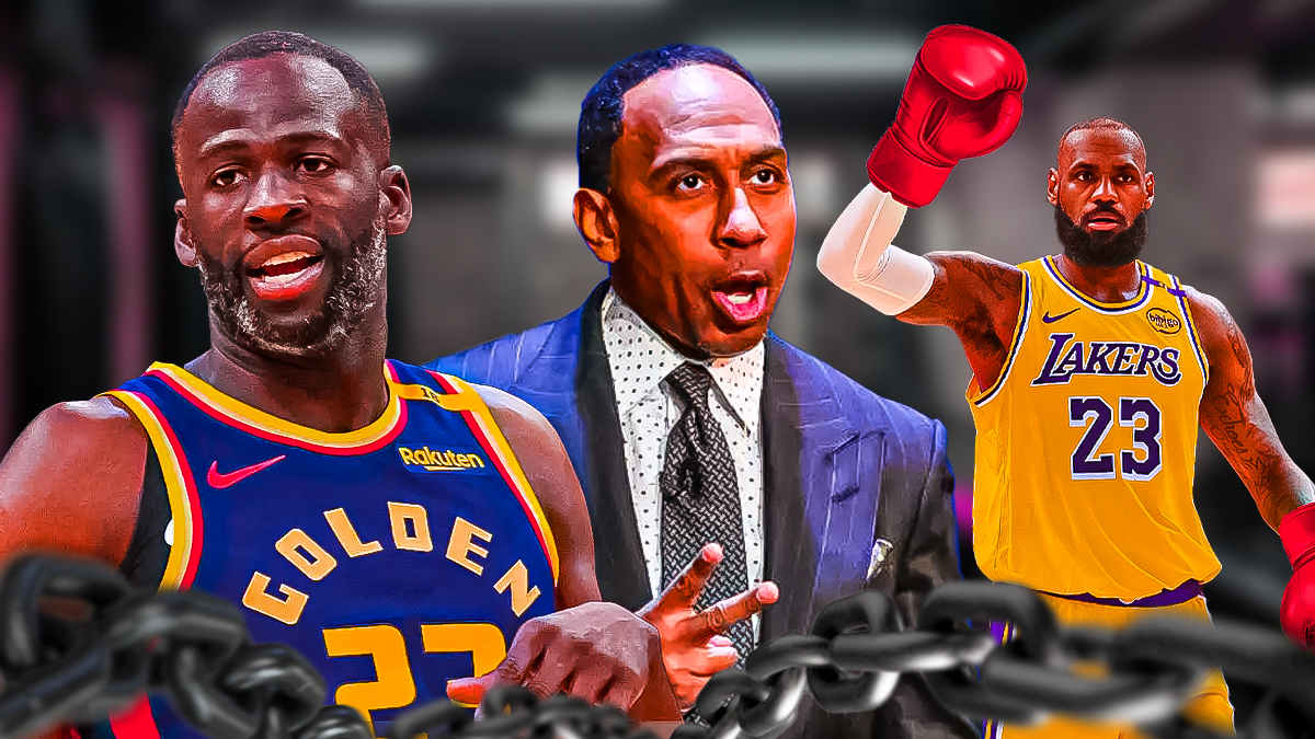 Warriors veteran Draymond Green next to ESPN analyst Stephen A Smith with Lakers All-Star LeBron James in the background holding up boxing gloves