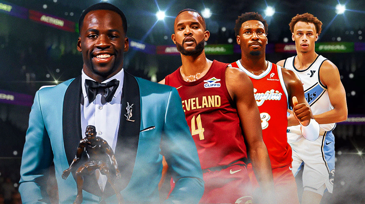 Draymond Green with the Defensive Player of the Year award next to him, and Evan Mobley, Jaren Jackson Jr., and Dyson Daniels in the picture.