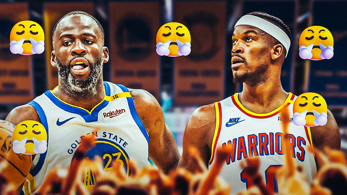 Warriors forward Draymond Green looking at Jimmy Butler in a Warriors jersey with this emoji around him 😤