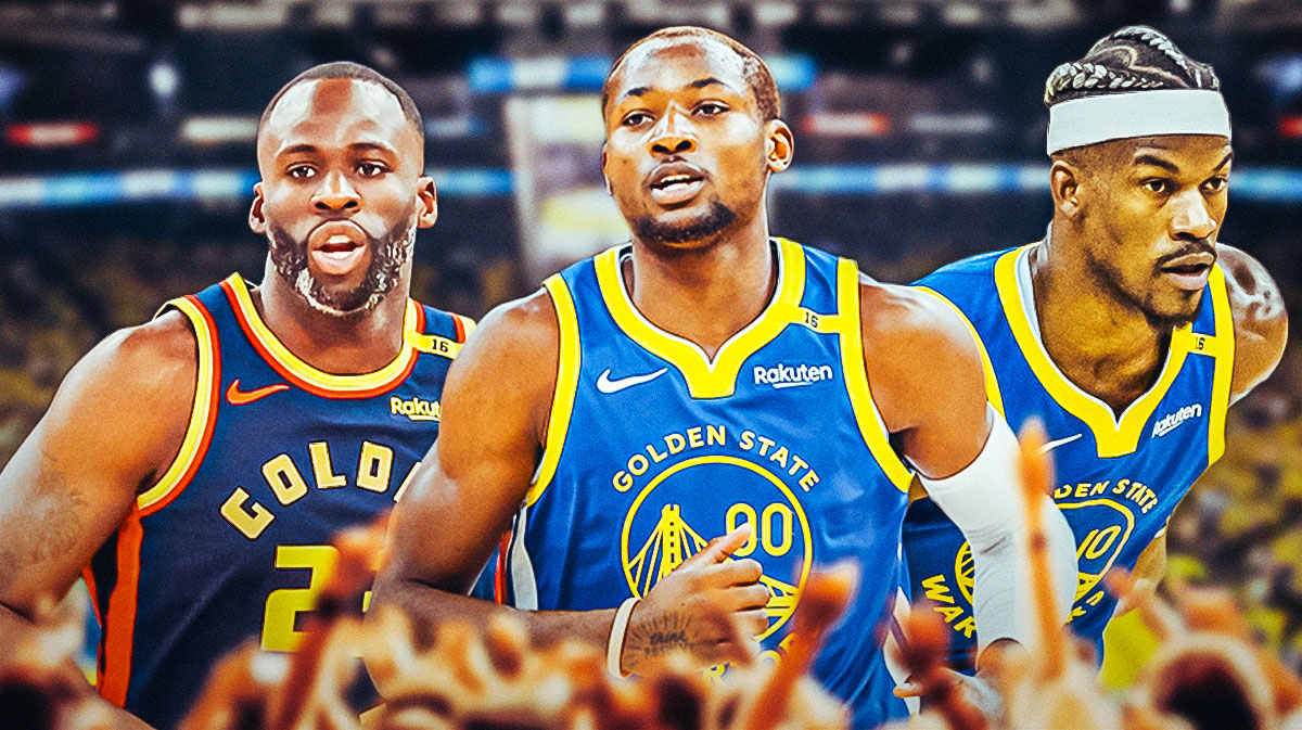Draymond Green in a Warriors jersey, with Jonathan Kuminga and Jimmy Butler in a Warriors jersey.